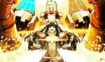  152_in_can 1girl absurdres black_eyes breasts facepaint fate/grand_order fate_(series) hair_ribbon headdress highres huitzilopochtli_(fate) leotard long_hair mecha multicolored_hair open_mouth red_ribbon ribbon robot standing wide_sleeves 