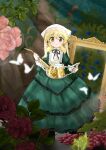  1girl absurdres blonde_hair bug butterfly cosplay dard_drak dress flower green_dress hidamari_sketch highres long_hair looking_at_viewer miyako_(hidamari_sketch) rose rozen_maiden smile solo suiseiseki suiseiseki_(cosplay) watering_can 