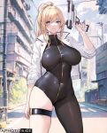  1girl alternate_costume aztodio bangs black_bodysuit blonde_hair bodysuit breasts english_commentary gun hand_up holding holding_gun holding_weapon jacket large_breasts long_sleeves looking_at_viewer open_clothes open_jacket outdoors solo standing thigh_strap thighs weapon white_jacket 