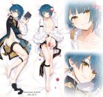  1boy androgynous billie_(meng_gong_fang) black_socks blue_hair book dakimakura_(medium) dated feet flower frilled_sleeves frills genshin_impact hair_flower hair_ornament legs light_smile long_sleeves looking_at_viewer male_focus multiple_views nipples otoko_no_ko removing_sock single_sock smile socks toenails toes xingqiu_(genshin_impact) yellow_eyes 