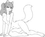 2023 anthro arm_tuft breasts chest_tuft collarbone crotch_tuft domestic_cat elbow_tuft featureless_breasts featureless_crotch felid feline felis female hair hi_res inner_ear_fluff looking_at_viewer mammal monochrome navel nude pgm300 ponytail shoulder_tuft solo tuft 