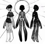  1girl age_progression closed_eyes closed_mouth commentary constellation crop_top crosshatching english_commentary exposed_bone feefal hatching_(texture) highres implied_death monochrome original pixie_cut short_hair shorts simple_background socks star_(sky) 