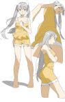  1girl absurdres arm_under_breasts ass bare_shoulders barefoot camisole collarbone floating_hair from_above from_side full_body grey_eyes grey_hair hair_ribbon hand_on_own_chest highres ichisannyonn long_hair looking_at_viewer looking_away looking_down monogatari_(series) oikura_sodachi owarimonogatari pajamas ribbon simple_background twintails white_background yellow_camisole 