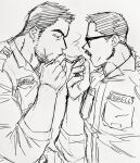  2boys andrew_(dickfish) bara beard billy_russell_(dickfish) character_request cigarette cigarette_kiss dickfish_(fishismdick) facial_hair from_side glasses holding holding_cigarette male_focus mature_male military military_uniform multiple_boys muscular muscular_male mustache original scan short_hair sideburns sketch sleeves_rolled_up smoking stubble thick_eyebrows traditional_media uniform 