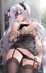 1girl absurdres azur_lane bare_shoulders black_hair black_panties blush bow bra breasts cleavage commentary_request elbe_(azur_lane) elbe_(pure-hearted_bad_girl)_(azur_lane) garter_straps highres lace_trim large_breasts long_hair looking_at_viewer multicolored_hair nail_polish nipples off-shoulder_shirt off_shoulder official_alternate_costume panties pussy seityoukl shirt skirt solo streaked_hair sweater thighhighs thighs underwear very_long_hair white_hair 