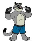  3_toes 4_fingers anthro bottomwear brok_the_investigator clothing domestic_cat feet felid feline felis fingers fur graff_filsh grey_body grey_fur hi_res humanoid_hands male mammal official_art shorts simple_background solo toes unknown_artist white_background 