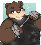  2023 anthro bandage bandaged_arm bear belly big_belly blue_eyes bodily_fluids brown_body clothing hi_res kemono kusosensei male mammal moobs overweight overweight_male shirt solo sweat topwear 