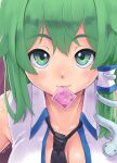 1girl bangs black_necktie blush breasts brown_background cleavage closed_mouth collared_shirt commentary_request condom condom_wrapper dated green_eyes green_hair hair_ornament highres kei_jiei kochiya_sanae large_breasts long_hair looking_at_viewer necktie shirt single_hair_tube single_sidelock sleeveless sleeveless_shirt smile snake_hair_ornament solo touhou upper_body white_shirt 