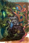  brooch bug butterfly commentary english_commentary hat highres jewelry jojo_no_kimyou_na_bouken kujo_jotaro no_humans painting_(medium) plant ribbon star_platinum stardust_crusaders still_life traditional_media vesta_zc 