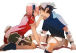  1boy 1girl black_eyes black_hair blurry commentary forehead_protector hairband haruno_sakura headband hetero highres imminent_kiss naruto naruto_(series) niku_(ni23ku) pink_hair pouch seiza shorts sitting symbol-only_commentary uchiha_sasuke 