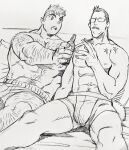  2boys abs arm_hair bara billy_russell_(dickfish) bottle boxers bulge chest_hair cigarette couple dickfish_(fishismdick) facial_hair feet_out_of_frame glasses hairy highres holding holding_bottle holding_cigarette john_rottweil_(dickfish) large_pectorals leg_hair male_focus male_underwear mature_male multiple_boys muscular muscular_male mustache navel navel_hair nipples on_bed original pectorals scan short_hair sideburns sitting sketch stomach thick_eyebrows thick_thighs thighs topless_male traditional_media underwear yaoi 