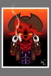  abs aiming_at_viewer anthro bandanna_on_neck cigar clothing cowboy_hat demon dual_wielding fur gremile_&#039;hotshot&#039; gun handgun hat headgear headwear hi_res holding_object holding_weapon horn horny_marco imp kings_of_hell male pistol ranged_weapon red_body red_fur smoke smoking solo weapon 