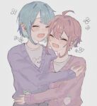  2boys absurdres androgynous blue_hair blush closed_eyes ensemble_stars! grey_background highres himemiya_touri hug light_blue_hair long_sleeves multiple_boys open_mouth pink_hair pink_sweater purple_sweater shino_hajime shirt short_hair smile sweater unini_mag white_shirt 