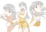  1girl :o arm_under_breasts bare_shoulders camisole collarbone floating_hair from_above from_side grey_eyes grey_hair hair_ribbon hand_up highres ichisannyonn long_hair looking_at_viewer looking_away midriff monogatari_(series) oikura_sodachi open_mouth owarimonogatari pajamas ribbon twintails white_background yellow_camisole 