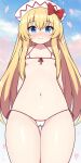  1girl arms_behind_back ass_visible_through_thighs bangs bare_arms bare_legs bare_shoulders bikini blonde_hair blue_eyes blush closed_mouth collarbone cowboy_shot fairy fairy_wings groin hair_between_eyes hat highres lily_white long_hair micro_bikini navel rizento sidelocks smile solo swimsuit touhou white_bikini white_headwear wings 