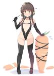  1girl alternate_costume ass_visible_through_thighs black_gloves black_leotard black_thighhighs blush brown_eyes brown_hair carrot closed_mouth collarbone dominatrix elbow_gloves full_body gloves groin kantai_collection leotard looking_at_viewer navel shin_(new) short_hair_with_long_locks sidelocks simple_background smile solo standing thighhighs ukuru_(kancolle) white_background 