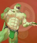  abs anthro biceps big_latissimus_dorsi big_pecs bulge clothed clothing cutlery dinosaur food fork fruit genital_outline green_body green_scales grin hi_res holding_fork holding_plate jockstrap kitchen_utensils latissimus_dorsi lettuce looking_at_viewer male multicolored_body multicolored_scales nipples obliques open_mouth pecs penis_outline plant plate raised_tail reptile ripped-saurian scales scalie simple_background smile solo tail tan_body tan_scales teeth theropod tomato tools two_tone_body two_tone_scales tyrannosaurid tyrannosaurus tyrannosaurus_rex underwear underwear_only vegetable 