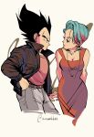  1boy 1girl amartbee aqua_eyes aqua_hair belt black_eyes black_hair black_jacket breasts bulma cleavage commentary dragon_ball dragon_ball_z dress earrings frown highres husband_and_wife jacket jewelry mature_female medium_breasts necklace red_dress short_hair smile twitter_username vegeta 