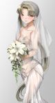  1girl alternate_costume ayanami_(kancolle) bouquet breasts bridal_veil brown_eyes brown_hair commission cowboy_shot dress feet_out_of_frame gradient_background highres kantai_collection long_hair side_ponytail small_breasts solo standing strapless strapless_dress tororo_ten veil wedding_dress white_dress 
