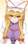  1girl bangs blonde_hair blush bow breasts closed_mouth commentary_request dated dress hair_between_eyes hair_bow hat hat_ribbon highres kei_jiei large_breasts long_hair long_sleeves looking_at_viewer mob_cap one-hour_drawing_challenge purple_tabard red_bow red_ribbon ribbon sidelocks smile solo tabard touhou upper_body white_dress white_headwear yakumo_yukari yellow_eyes 