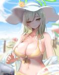  1girl absurdres bikini blonde_hair blue_archive blurry blurry_background blurry_foreground breasts cleavage collarbone depth_of_field front-tie_bikini_top front-tie_top half-closed_eyes halo hat highres large_breasts light_smile looking_at_viewer nail_polish navel nonomi_(blue_archive) nonomi_(swimsuit)_(blue_archive) outdoors solo sstthei sun_hat swimsuit wavy_hair yellow_bikini 