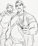  2boys backwards_hat bara baseball_cap billy_russell_(dickfish) casual contemporary cooking couple dickfish_(fishismdick) eating facial_hair feet_out_of_frame food grilling hat highres holding holding_skewer john_rottweil_(dickfish) large_pectorals male_focus mature_male meat multiple_boys muscular muscular_male mustache open_clothes open_shirt original pectorals scan shirt short_hair sideburns sketch skewer standing sunglasses t-shirt thick_eyebrows traditional_media yaoi 