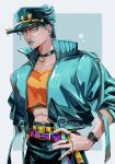  1boy abs aqua_eyes aqua_hair aqua_jacket aqua_lips aqua_nails belt choker collarbone commentary_request crop_top diamond_earrings earrings hand_on_hip hat high-waist_pants highres jacket jewelry jojo_no_kimyou_na_bouken kujo_jotaro male_focus midriff nail_polish natchan_blue_(nanairopenki) ring solo star_(symbol) stardust_crusaders upper_body watch wristwatch 