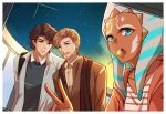  1girl 2boys ahsoka_tano alien anakin_skywalker blonde_hair blue_eyes border brown_hair candy facial_hair food lollipop multiple_boys neko_kuriya obi-wan_kenobi open_mouth short_hair star_wars teeth togruta v white_border 