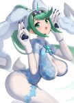  1girl :o animal_hands blush bodysuit breasts chest_jewel cosplay dahlia_(xenoblade) dahlia_(xenoblade)_(cosplay) fake_tail gloves gonzarez green_eyes green_hair highres impossible_bodysuit impossible_clothes large_breasts long_hair paw_gloves pneuma_(xenoblade) ponytail solo tail very_long_hair white_bodysuit xenoblade_chronicles_(series) xenoblade_chronicles_2 