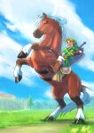  1boy absurdres belt blonde_hair blue_sky boots brown_footwear brown_gloves cloud epona fingerless_gloves gloves grass green_headwear hat highres horse horseback_riding link outdoors pants pointy_ears riding saddle shield sky sword takapon-o-ji the_legend_of_zelda the_legend_of_zelda:_ocarina_of_time tree twitter_username weapon white_pants 