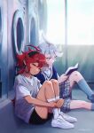  2girls ahoge bangs black_hairband grey_hair gundam gundam_suisei_no_majo hair_between_eyes hairband head_on_another&#039;s_shoulder highres knees_to_chest laundromat long_hair low_ponytail miorine_rembran multiple_girls mwoji reading red_hair school_uniform shoes sitting sleeping sneakers socks sportswear suletta_mercury thick_eyebrows white_hair 