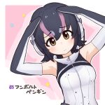  1girl bare_shoulders black_hair closed_mouth da_(bobafett) elbow_gloves gloves grey_eyes headphones humboldt_penguin_(kemono_friends) kemono_friends kemono_friends_v_project looking_at_viewer microphone multicolored_hair penguin_girl purple_hair shirt short_hair simple_background sleeveless sleeveless_shirt solo star_(symbol) two-tone_hair virtual_youtuber zipper 