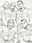  5boys aged_down bara billy_russell_(dickfish) buzz_cut character_request clenched_hand dickfish_(fishismdick) facial_hair feet_out_of_frame glasses grin group_picture highres john_rottweil_(dickfish) large_pectorals laughing male_focus mature_male military military_uniform multiple_boys muscular muscular_male mustache original pectorals scan short_hair sideburns sketch smile thick_eyebrows traditional_media uniform very_short_hair 
