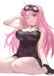  1girl absurdres bangs black_choker black_nightgown blunt_bangs breasts choker highres hololive hololive_english kouhiipan large_breasts long_hair messy_hair mori_calliope nightgown official_alternate_costume one_eye_closed pink_hair red_eyes sleep_mask slippers solo thick_thighs thighs virtual_youtuber 