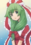  1girl bangs blue_background blunt_bangs blush bow breasts closed_mouth commentary_request dated dress frilled_dress frilled_ribbon frilled_sleeves frills front_ponytail gradient_background green_eyes green_hair hair_bow hair_ribbon highres kagiyama_hina kei_jiei long_hair looking_at_viewer medium_breasts one-hour_drawing_challenge puffy_short_sleeves puffy_sleeves red_dress red_ribbon ribbon short_sleeves smile solo touhou upper_body 