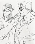  2boys alternate_costume arm_hair backwards_hat bara baseball_cap billy_russell_(dickfish) casual chest_hair closed_eyes contemporary couple dickfish_(fishismdick) facial_hair feeding from_side glasses hairy hat highres ice_cream_cone john_rottweil_(dickfish) large_pectorals looking_at_another male_focus mature_male multiple_boys muscular muscular_male mustache original pectorals scan short_hair sideburns sketch summer sweat tank_top thick_eyebrows traditional_media translation_request upper_body yaoi 