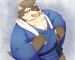  anthro asian_clothing blue_eyes blush brown_body brown_fur canid canine canis clothing domestic_dog east_asian_clothing eyebrows fur japanese_clothing kimono lifewonders looking_at_viewer male mammal moritaka niaor27 one_eye_closed pecs scar solo thick_eyebrows tokyo_afterschool_summoners wink 