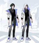  1boy belt black_hair black_pants black_shirt blue_eyes bracelet closed_mouth copyright_request earrings full_body grey_belt highres hood hoodie jewelry kanishiima long_sleeves looking_at_viewer multicolored_clothes nail_polish necklace official_art original pants reference_sheet ring second-party_source shirt shoes sleeves_rolled_up sneakers white_footwear white_hoodie 