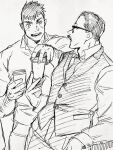  2boys alternate_costume arm_hair bara billy_russell_(dickfish) blush couple cup dickfish_(fishismdick) disposable_cup facial_hair feet_out_of_frame formal glasses happy holding holding_cup john_rottweil_(dickfish) large_pectorals looking_at_another male_focus mature_male multiple_boys muscular muscular_male mustache necktie original pectorals scan shirt short_hair sideburns sketch smile standing suit t-shirt thick_eyebrows traditional_media yaoi 