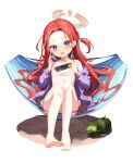  1girl alternate_costume blue_archive blush coconut collarbone commentary commentary_request forehead halo handheld_game_console headphones long_hair mannack navel petite red_hair sitting solo swimsuit white_background yuzu_(blue_archive) 