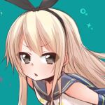  blonde_hair blush bow buttons close-up frown hair_bow hoshimiya_aki kantai_collection leaning_forward lowres open_mouth sailor_collar shimakaze_(kancolle) simple_background 
