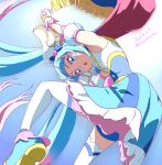  1girl blue_eyes blue_footwear blue_hair blue_skirt commentary_request cure_sky dated gloves haruyama_kazunori highres hirogaru_sky!_precure looking_at_viewer magical_girl open_mouth precure shoes skirt solo sora_harewataru thighhighs twintails twitter_username white_gloves white_thighhighs 