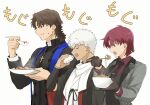  1boy 2girls bangs bazett_fraga_mcremitz black_eyes black_gloves black_hair character_request chopsticks closed_eyes coat cross eating emiya_shirou fate/hollow_ataraxia fate/stay_night fate_(series) food formal gloves gyuudon highres holding holding_chopsticks holding_food holding_plate holding_spoon kotomine_kirei mapo_tofu multiple_girls necktie okonon_(kado_colda) onigiri open_mouth plate purple_eyes purple_hair scarf senji_muramasa_(fate) short_hair simple_background spoon suit tofu white_background white_hair 