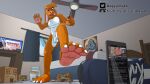  2023 4_toes 5_fingers anthro balls barefoot bedroom blinds box building canid canine canis cardboard cardboard_box carter_(carterthedeer) ceiling_fan chat container deer digital_media_(artwork) doggydog doggydog_(character) domestic_dog english_text feet fingers furaffinity furaffinity_logo genitals glass_window hi_res inside larger_male livestream male mammal micro nude open_mouth penis size_difference smaller_male television text toes town twitch.tv twitter twitter_handle twitter_logo window 