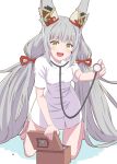  1girl :d alternate_costume animal_ears bangs bare_legs barefoot blush box breasts dress grey_hair holding kageyasu kneeling long_hair looking_at_viewer low_twintails nia_(blade)_(xenoblade) nia_(xenoblade) nurse short_dress small_breasts smile solo stethoscope twintails very_long_hair xenoblade_chronicles_(series) xenoblade_chronicles_2 yellow_eyes 