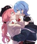  2girls absurdres ahoge arms_around_waist black_headwear blue_eyes covering_another&#039;s_mouth earrings eye_contact face-to-face from_side green_eyes hands_on_another&#039;s_face hat highres hololive hoshimachi_suisei hug jewelry long_hair long_sleeves looking_at_another low_twintails multiple_girls pink_hair profile sakura_miko short_hair twintails virtual_youtuber westlee_ar white_background yuri 