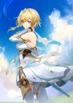  1girl bangs blonde_hair cloud commentary_request day detached_sleeves dress from_side genshin_impact hand_on_own_neck highres hoshi_rasuku lumine_(genshin_impact) outdoors short_hair_with_long_locks sidelocks sky smile solo standing sword thighhighs weapon white_dress white_thighhighs yellow_eyes 