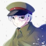  1boy angry black_hair breasts burn_scar cloak closed_mouth dafne green_cloak green_headwear hakubi_(mao) hat looking_at_viewer male_focus mao_(takahashi_rumiko) military military_hat military_uniform multicolored_hair petals portrait scar scar_on_face solo streaked_hair uniform white_background white_hair wind yellow_eyes 
