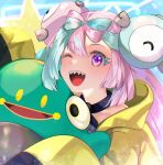  1girl ;d absurdres asada_sadao bangs bellibolt character_hair_ornament commentary_request eyelashes green_hair hair_ornament highres holding holding_pokemon hug iono_(pokemon) jacket long_hair multicolored_hair one_eye_closed open_mouth pink_hair pokemon pokemon_(creature) pokemon_(game) pokemon_sv purple_eyes sharp_teeth smile teeth tongue two-tone_hair upper_teeth_only yellow_jacket 