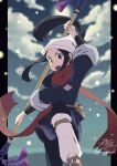  1girl akari_(pokemon) black_hair black_shirt blurry blurry_background cloud commentary_request eyelashes grey_eyes grey_skirt head_scarf holding jacket loose_socks marzo-moko open_mouth outdoors pantyhose pokemon pokemon_(game) pokemon_legends:_arceus ponytail red_scarf scarf shirt shoes sidelocks signature skirt sky socks solo teeth tongue upper_teeth_only white_headwear 